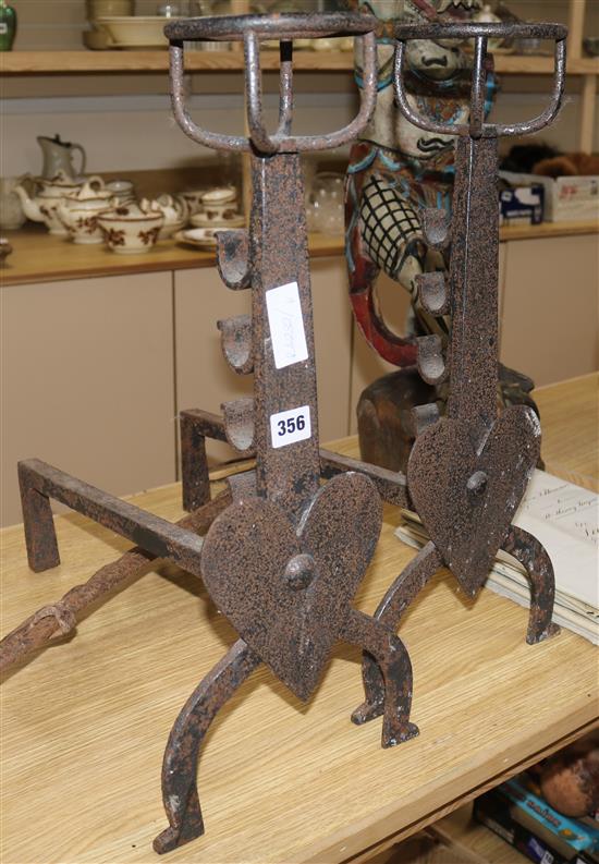 A pair of wrought iron andirons and chimney Marmite hook H.54cm, D.47cm